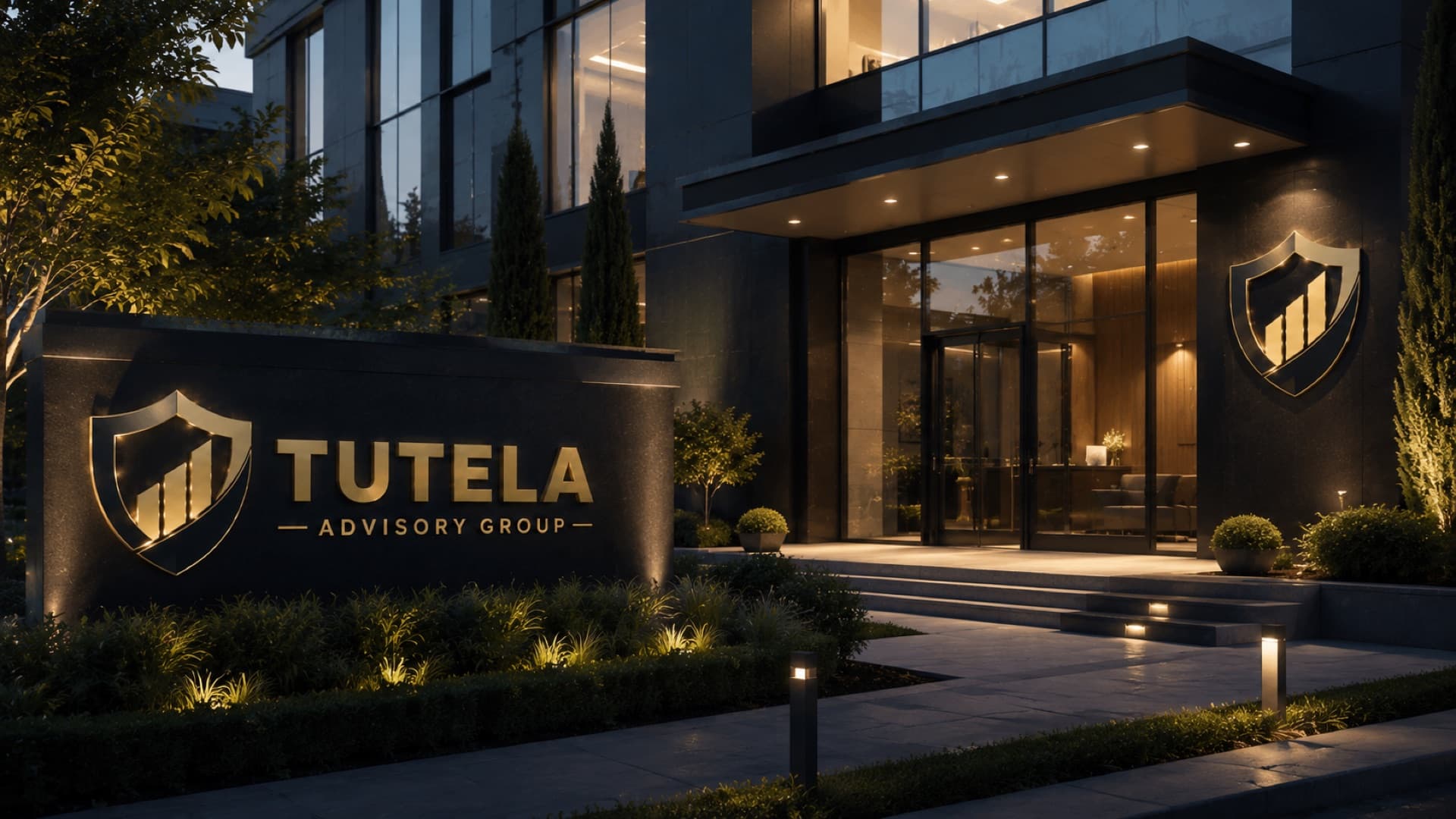 The Tutela Advisory Group building entrance and monument sign at dusk