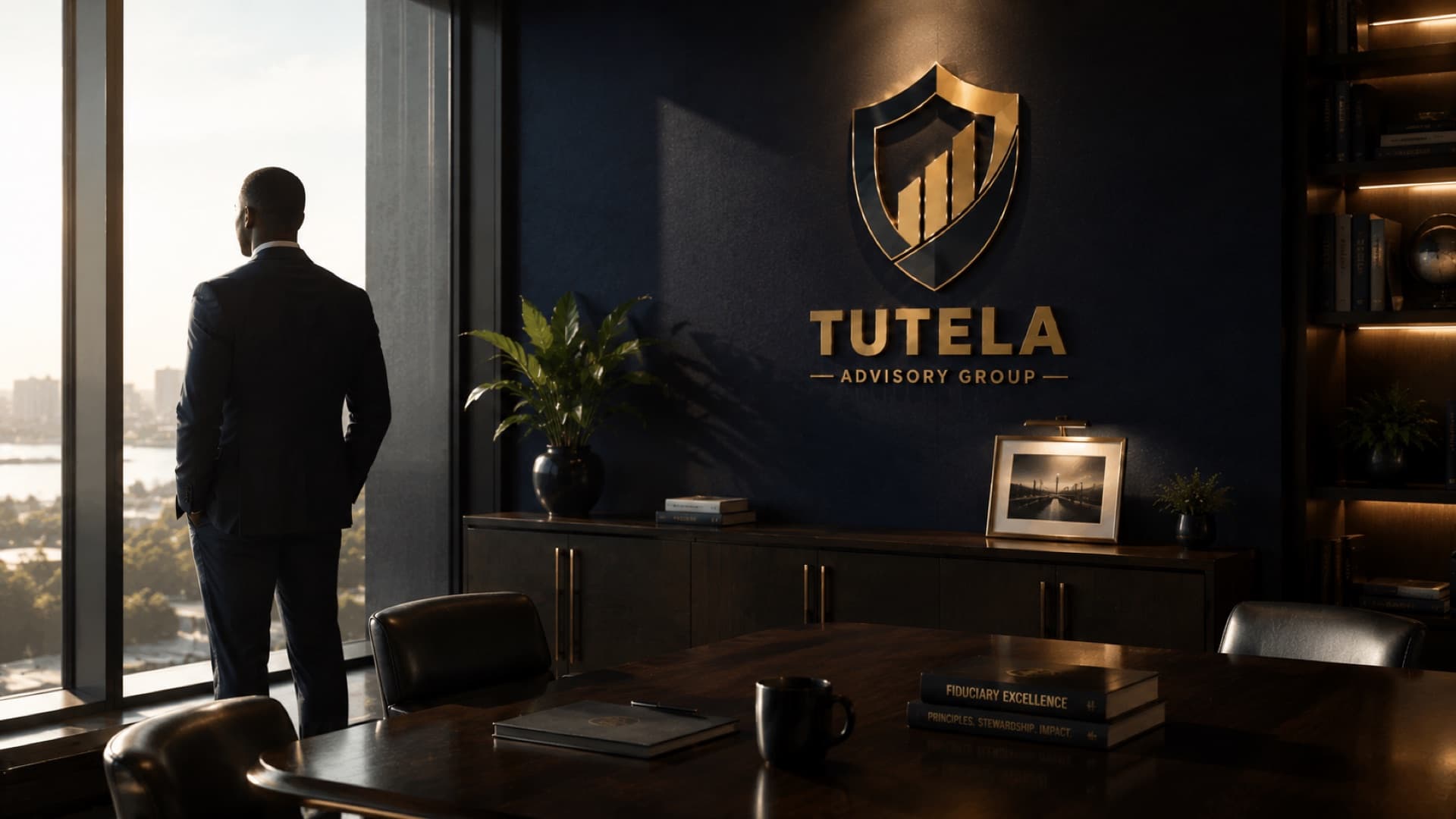 An adviser looking out over the city from the Tutela Advisory Group office beneath the firm's wall emblem