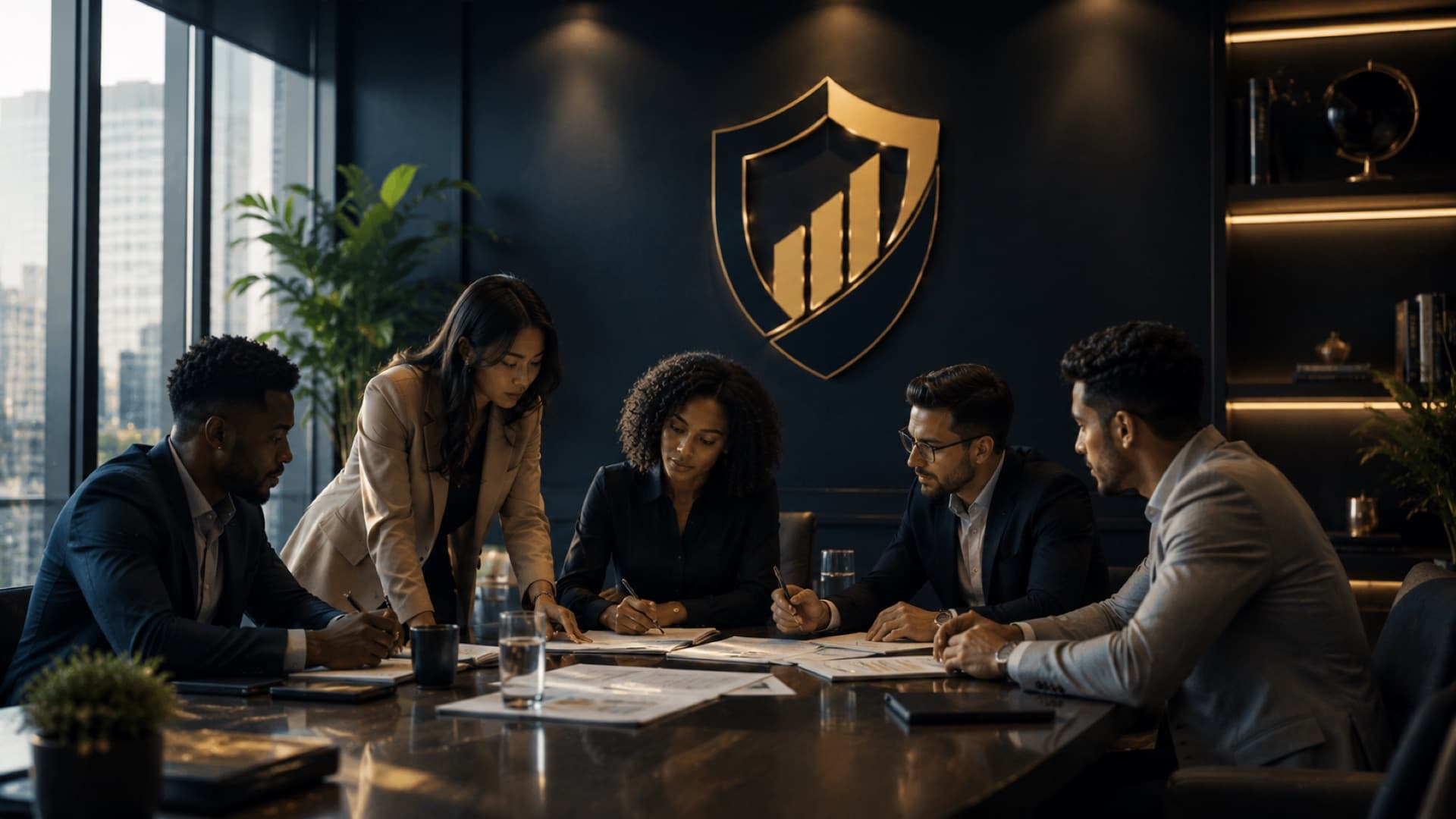 Advisers reviewing documents together at a conference table beneath the Tutela Advisory Group shield