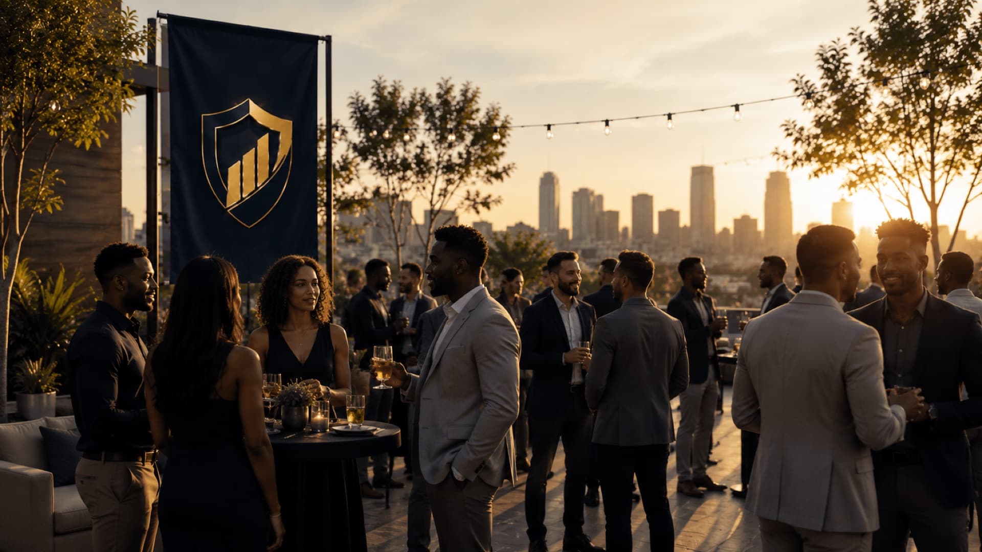 Guests gathered at a rooftop reception beneath the Tutela Advisory Group banner at sunset