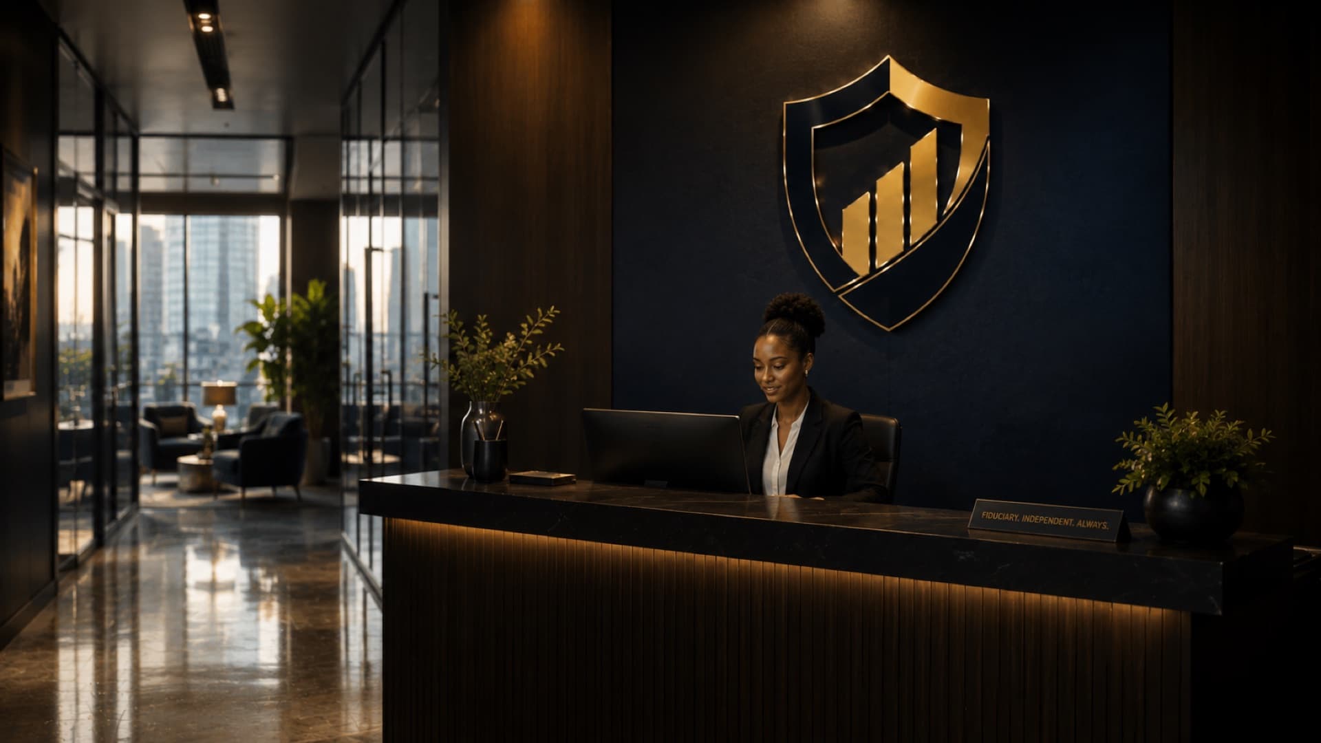 A receptionist at the Tutela Advisory Group front desk beneath the firm's shield