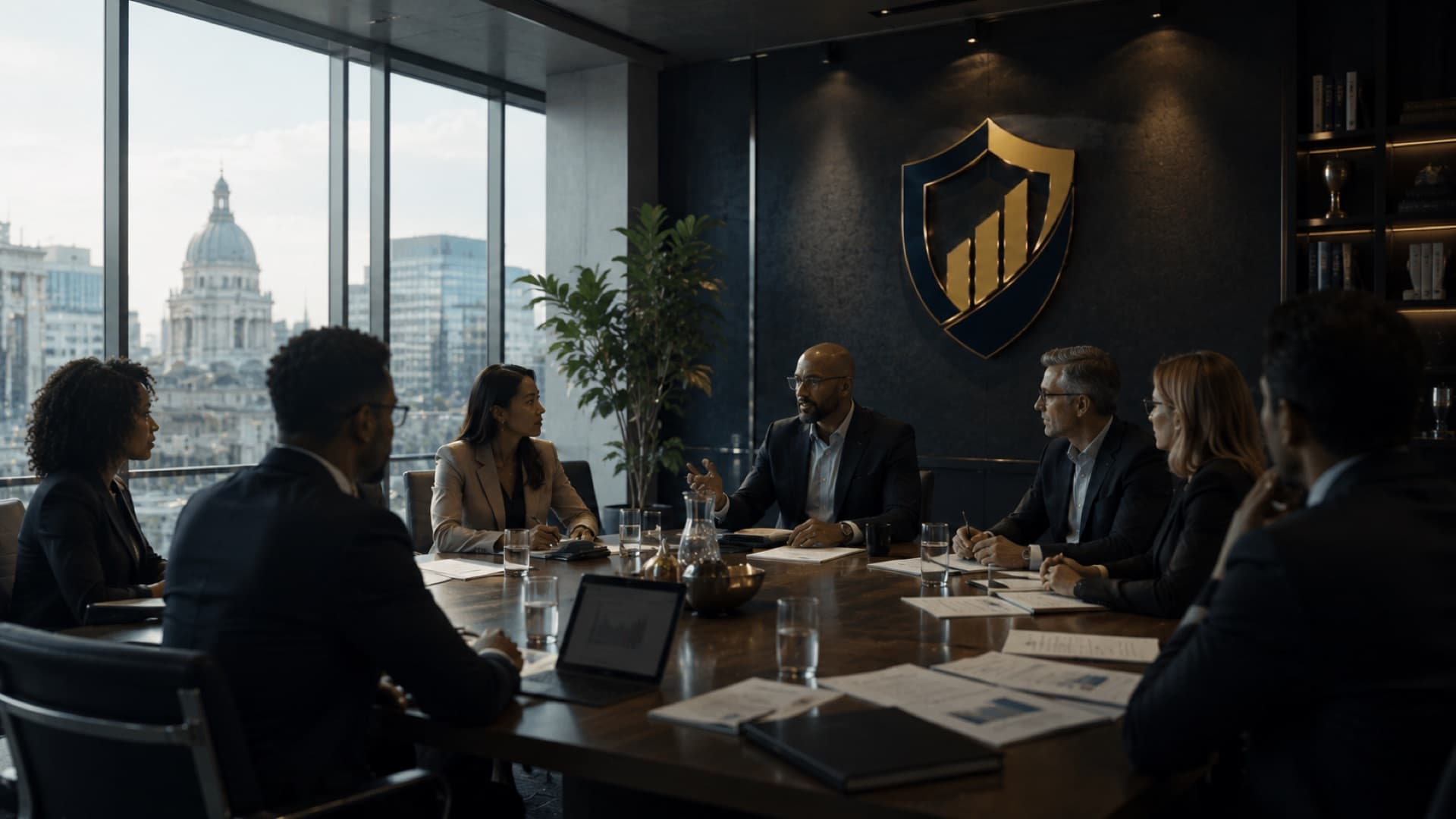 An investment committee meeting around a boardroom table beneath the Tutela Advisory Group shield